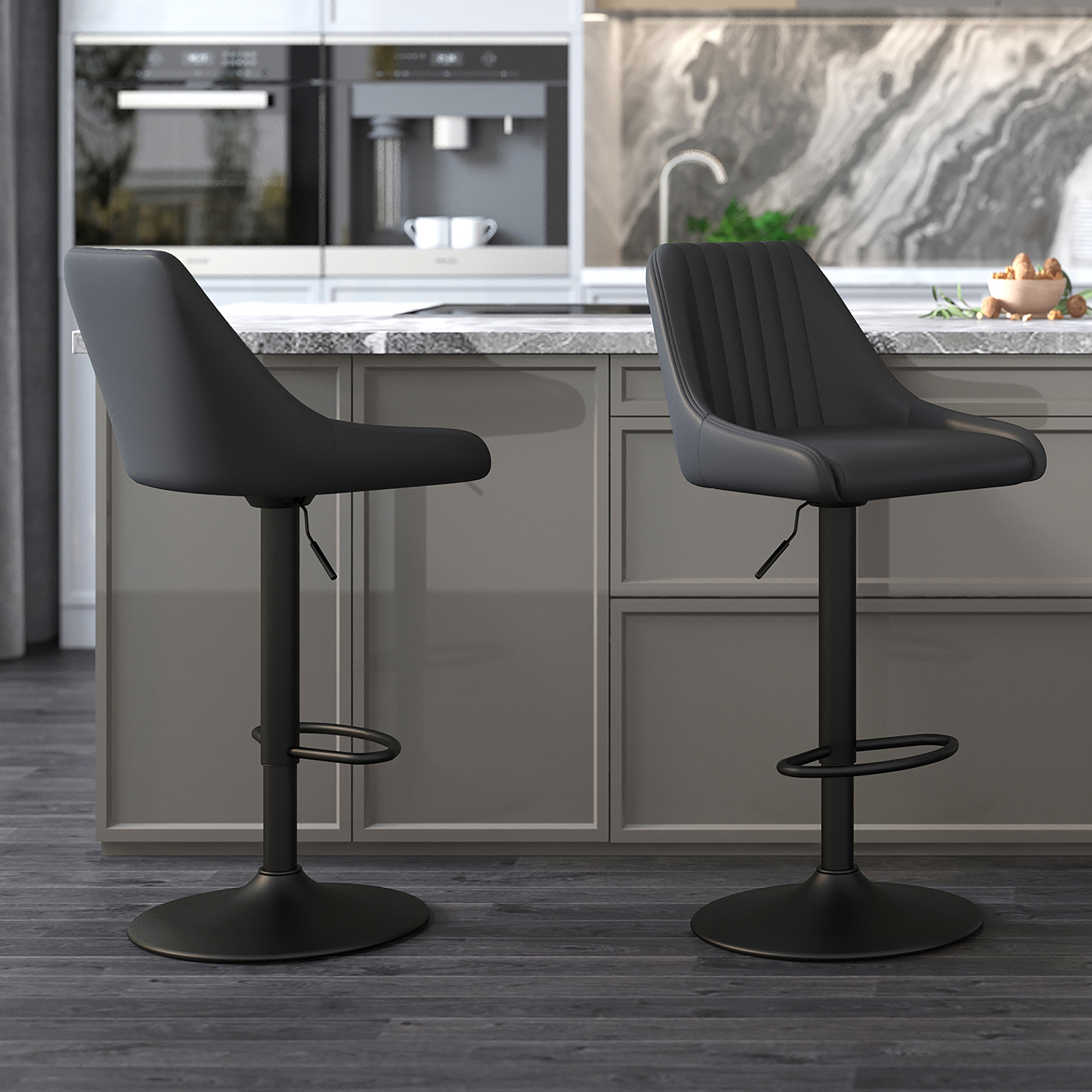 Kron Adjustable Height AirLift Swivel Stool, set of 2, in Black Faux