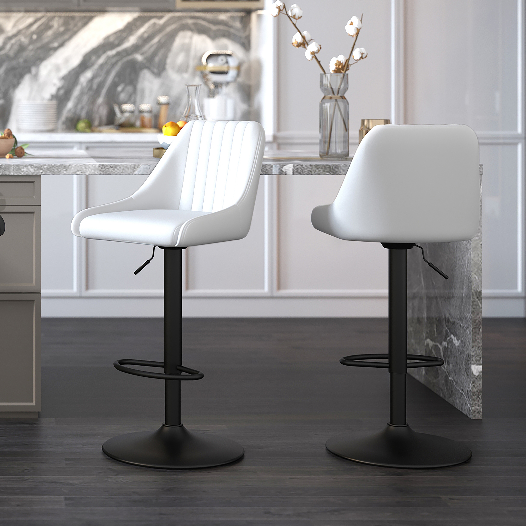 Kron Adjustable Height AirLift Swivel Stool, set of 2, in White Faux